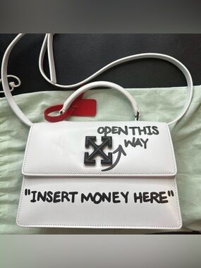 Off-White White Leather Jitney 1.4 Arrow Flap Top-Handle Bag with Black Graffiti